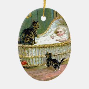 Baby, cat and kitten ceramic ornament