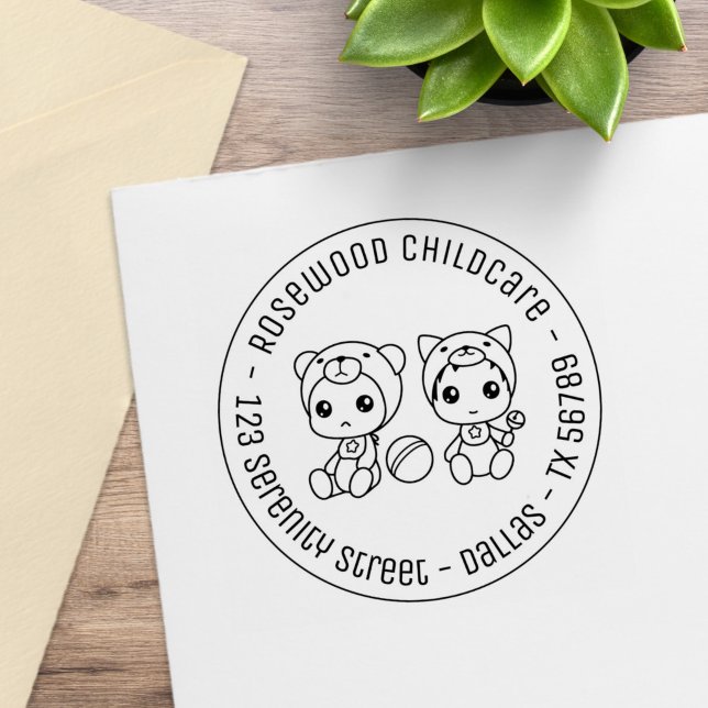 Baby Cat Bear Daycare Childcare Round Address 2 Rubber Stamp (Creator Uploaded)