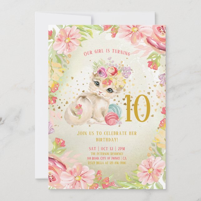 Baby Cat Watercolor Flowers Girl Birthday  Invitation (Front)