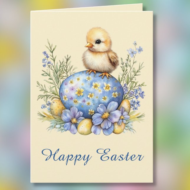 Baby Chick Happy Easter Egg Blue Yellow Flowers Card (Creator Uploaded)