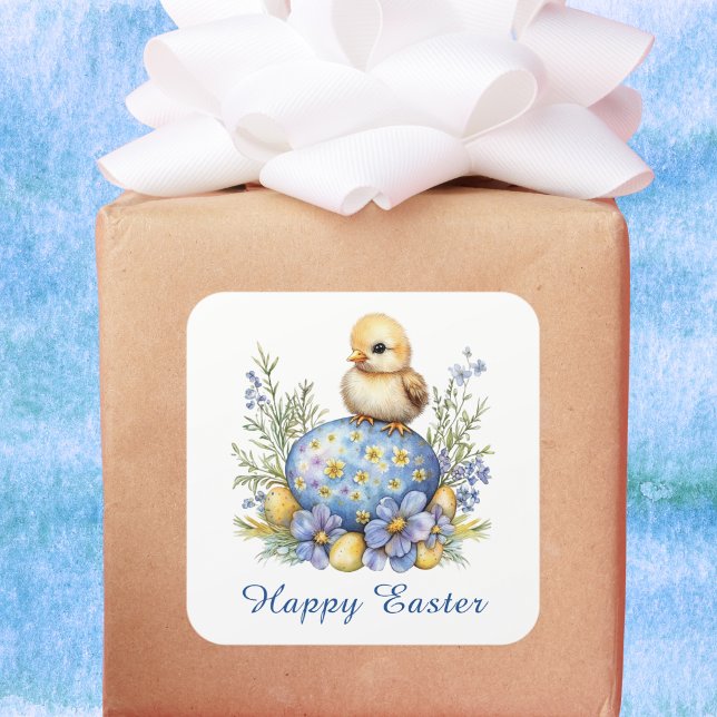 Baby Chick Happy Easter Egg Blue Yellow Flowers Square Sticker (Creator Uploaded)