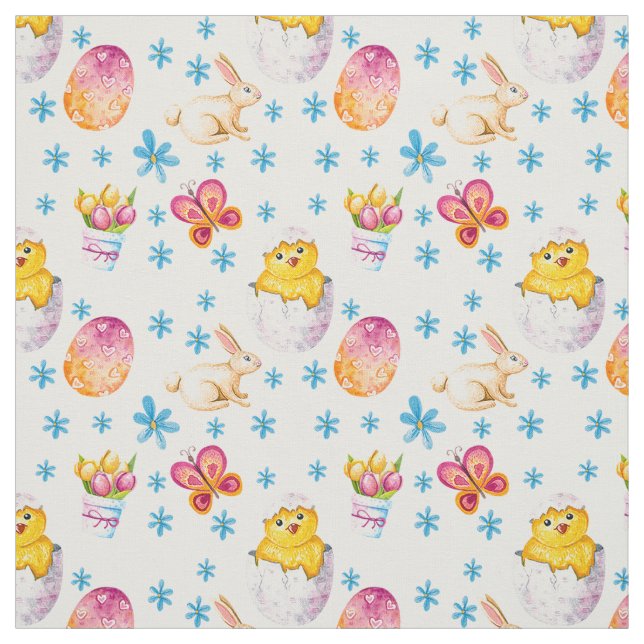 Baby Chicks Easter Eggs Pink Butterflies Fabric (Swatch)
