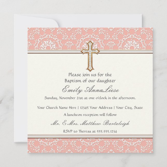 Baby Child Infant Baptism Gold Golden Cross Lace Invitation (Front)