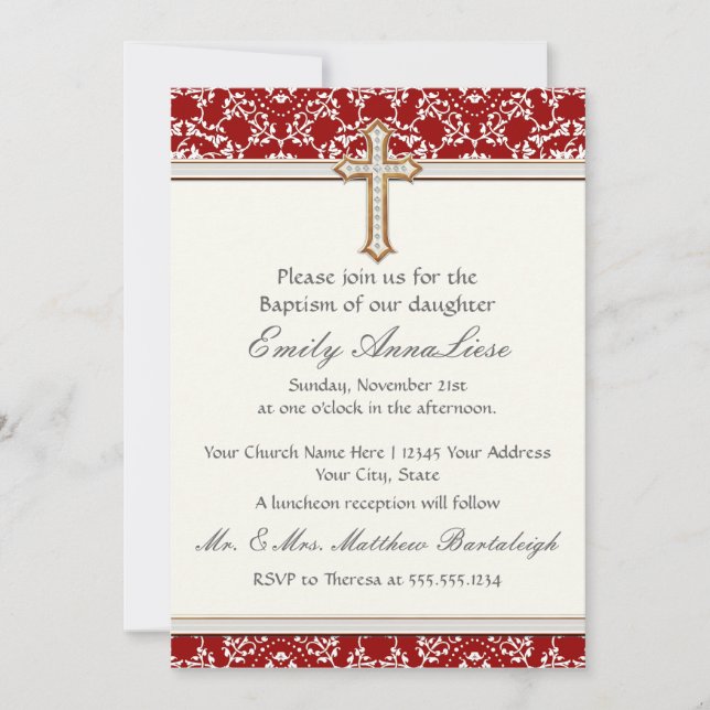 Baby Child Infant Baptism Gold Golden Cross Lace Invitation (Front)