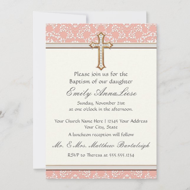 Baby Child Infant Baptism Gold Golden Cross Lace Invitation (Front)
