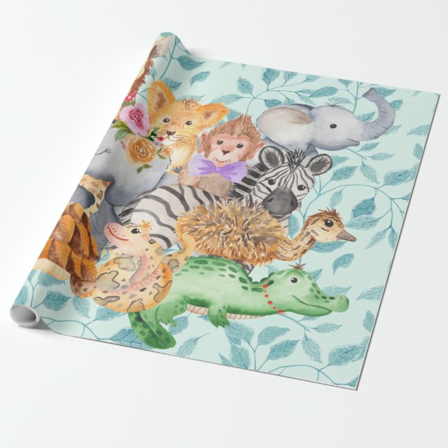 Baby, Child Jungle Animals Greenery Wrapping Paper (Unrolled)