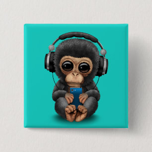 Baby Chimp with Headphones and Cell Phone 15 Cm Square Badge