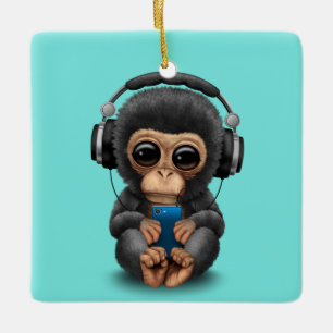 Baby Chimp with Headphones and Cell Phone Ceramic Tree Decoration