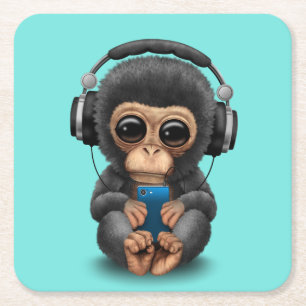 Baby Chimp with Headphones and Cell Phone Square Paper Coaster