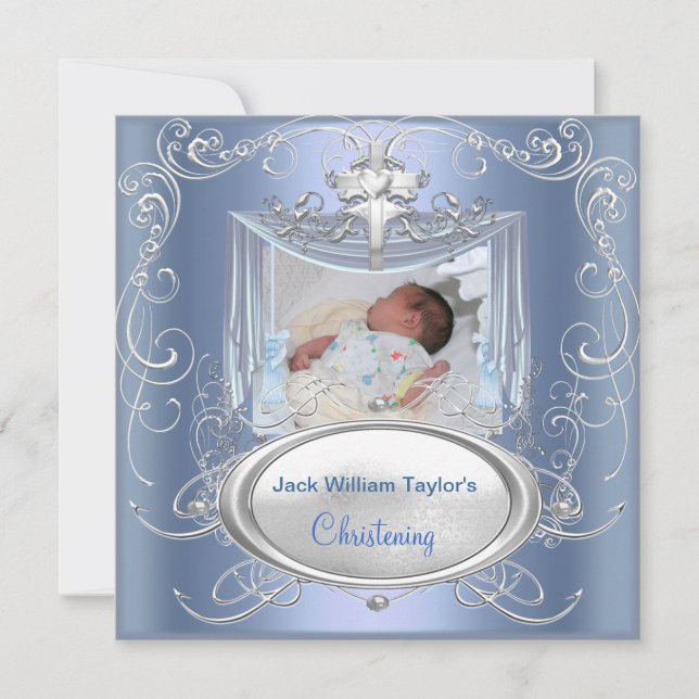 Baby Christening Baptism Boy Blue Silver Cross Announcement (Front)