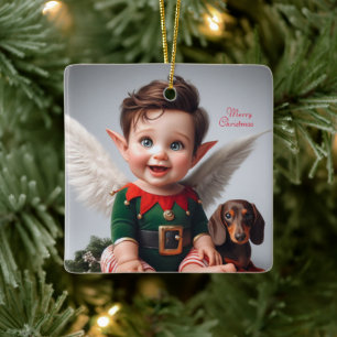 Baby Christmas Elf and Dachshund Card Ceramic Ornament