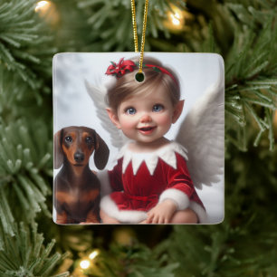 Baby Christmas Elf and Dachshund Card Ceramic Ornament
