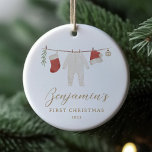 Baby Clothes Baby Stats First Christmas  Ceramic Ornament<br><div class="desc">Celebrate your baby's first Christmas with this simple and elegant ornament,  featuring an adorable watercolor illustration and place to upload your baby's photo and stats on the back side.</div>