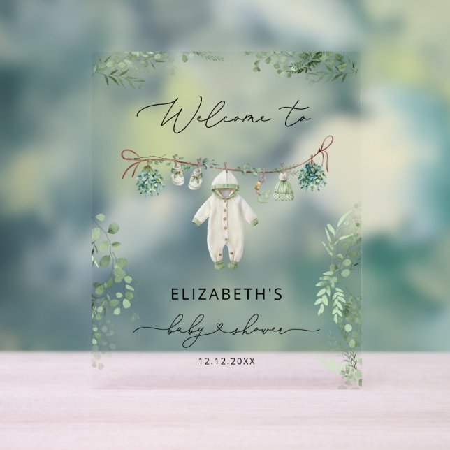 Baby Clothes Boho Eucalyptus Baby Shower Welcome Acrylic Sign (Neutral)