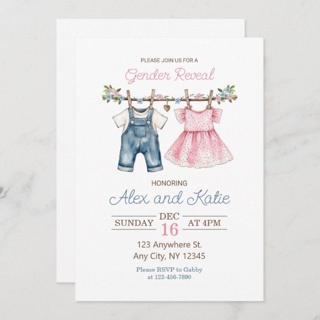 Baby Clothes gender reveal editable invitation (Front/Back)