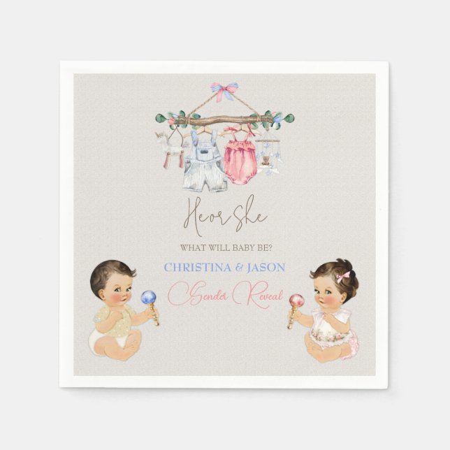 Baby Clothes Gender Reveal Ivory Pink Blue Napkin (Front)