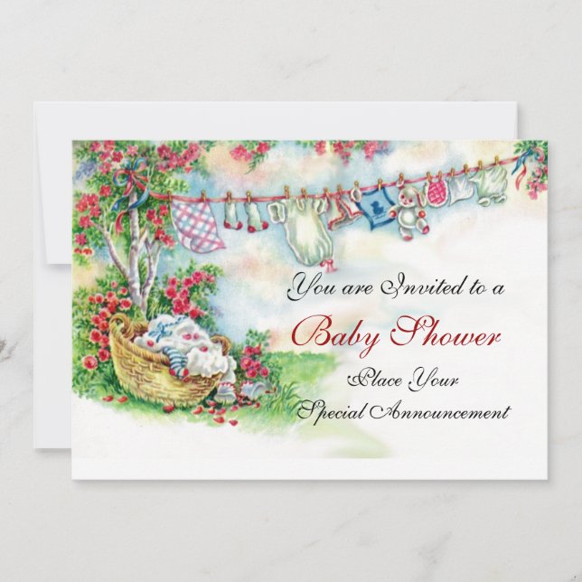 BABY CLOTHES HANGING IN FLOWER GARDEN Baby Shower Invitation (Front)