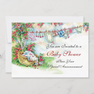 BABY CLOTHES HANGING IN FLOWER GARDEN Baby Shower Invitation