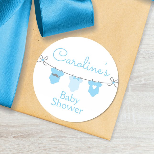 Baby Clothesline Boy Baby Shower Sticker, Blue Classic Round Sticker (Creator Uploaded)