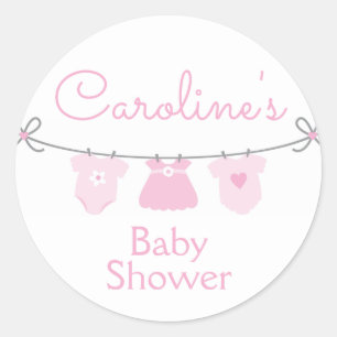 Baby Clothesline Girl Baby Shower Sticker, Pink Classic Round Sticker