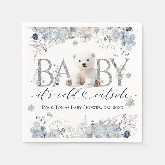 Baby cold outside Floral & Bear Baby Boy Shower Napkin (Front)