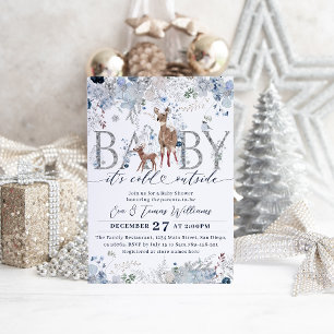 Baby cold outside Floral & Deer Baby Boy Shower Invitation