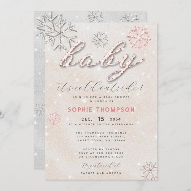 Baby Cold Outside Rhinestone Glitter Girl Shower Invitation (Front/Back)