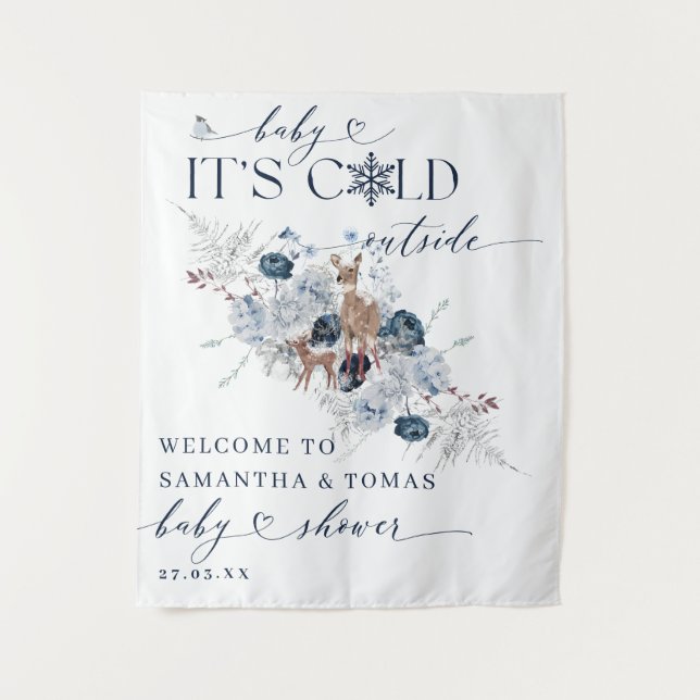 Baby cold outside Winter Floral Deer Baby Shower Tapestry (Front)