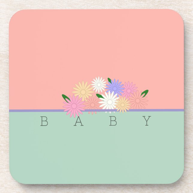 Baby Colourful Daisies on Soft Peach & Jungle Mist Coaster (Front)