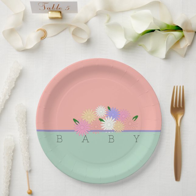 Baby Colourful Daisies on Soft Peach & Jungle Mist Paper Plate (Wedding)