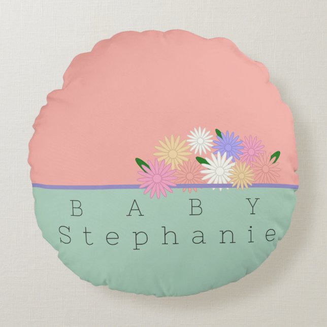Baby Colourful Daisies on Soft Peach & Jungle Mist Round Cushion (Front)