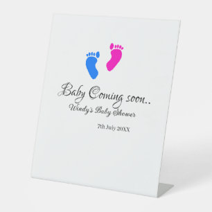 Baby coming soon baby shower blue pink baby feet n pedestal sign