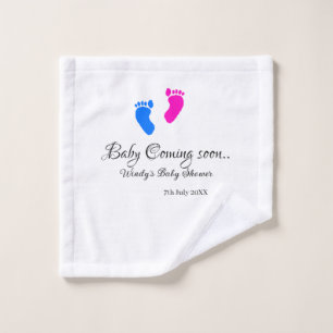 Baby coming soon baby shower blue pink baby feet n wash cloth