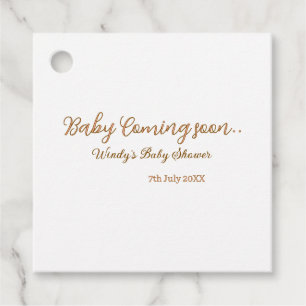 Baby coming soon baby shower brown pink name trend favour tags