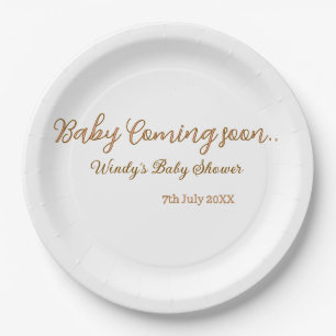 Baby coming soon baby shower brown pink name trend paper plate
