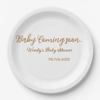 Baby coming soon baby shower brown pink name trend paper plate