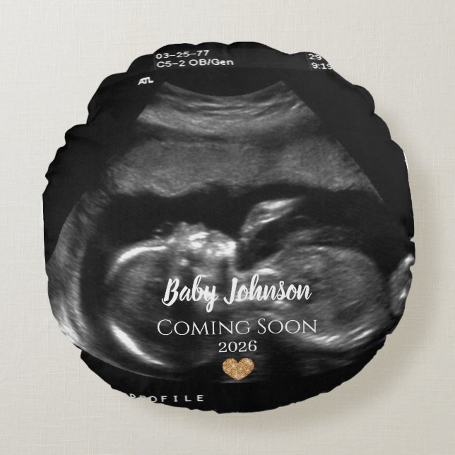 Baby Coming Soon Ultrasound Gold heart  Round Cushion (Front)