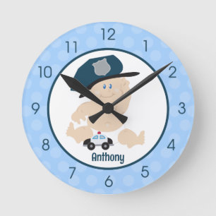 Baby Cop Blue Boy Nursery Wall Clock