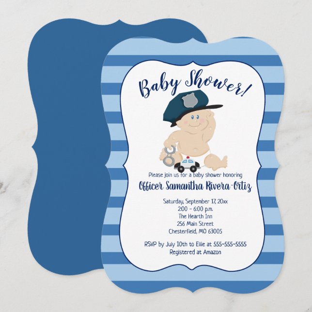 Baby Cop Police Officer Striped Modern Invitation (Front/Back)