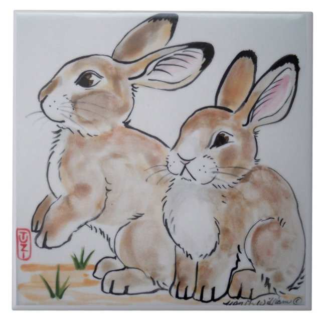 Baby Cottontail Bunny Rabbit Oriental Style Tile (Front)