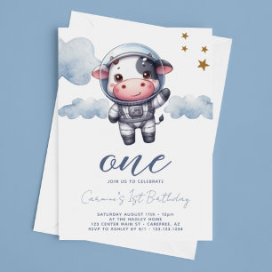 Baby Cow Astronaut 1st Birthday Invitation