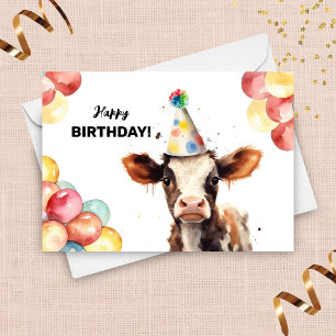 Baby Cow Balloons and Party Hat Farm Birthday  Card