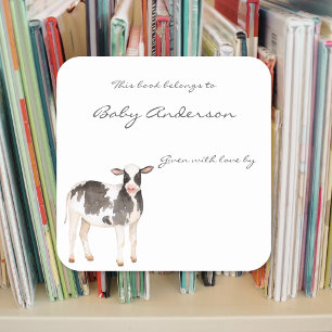 Baby cow calf baby shower bookplate square sticker