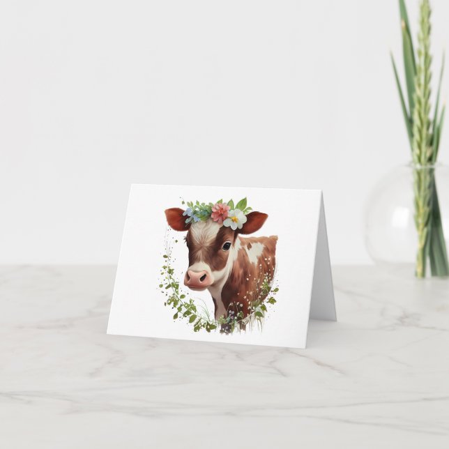 Baby Cow Calf wtih Flowers on Head BLANK  Card (Front)