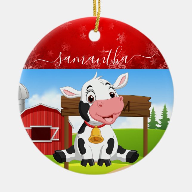 Baby Cow Christmas  Ceramic Ornament (Front)