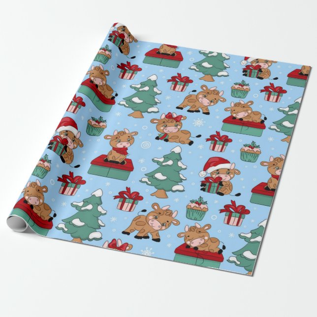 Baby Cow Christmas Pattern Wrapping Paper (Unrolled)