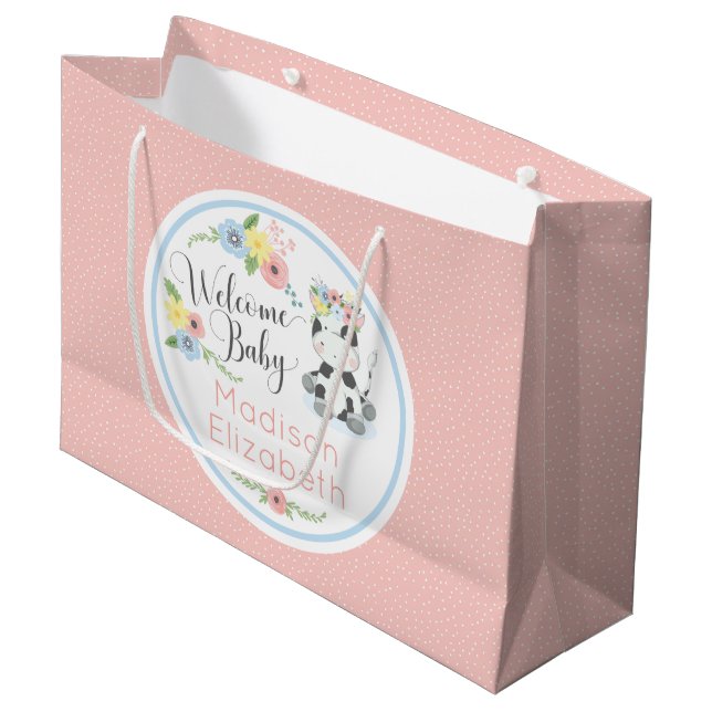 Baby Cow Floral Calf Welcome Baby Custom Large Gift Bag (Front Angled)
