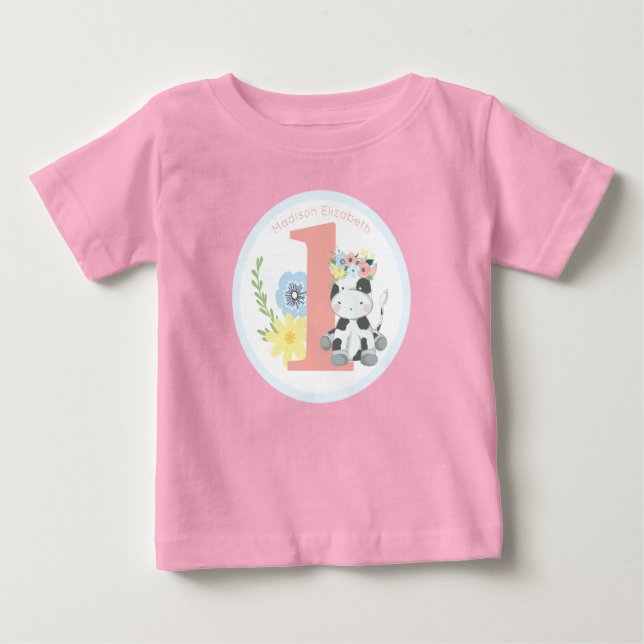 Baby Cow Floral Number One 1st Birthday Party T-Shirt (Front)