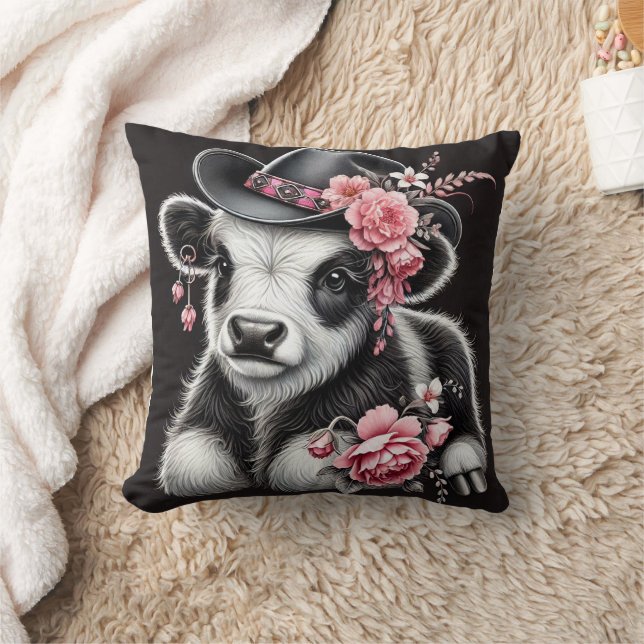 Baby Cow in a Stylish Hat Adorned With Pink Blooms Cushion (Blanket)