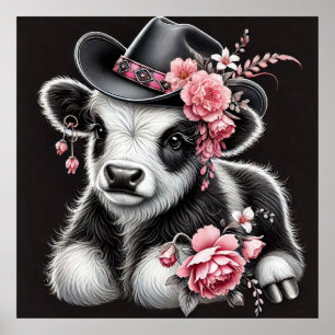 Baby Cow in a Stylish Hat Adorned With Pink Blooms Poster